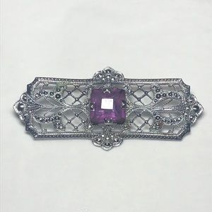 Silver Filigree and Purple Stone Vintage Brooch